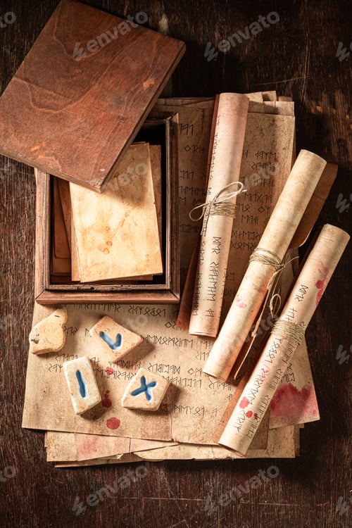 Preview: Rune cards, stones and ancient manuscript as a mystical background