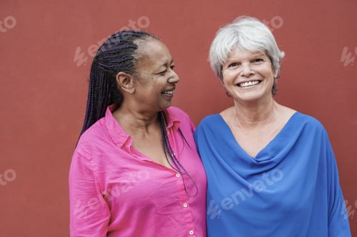 Preview: Multiracial female friends - Elderly women hugging together outdoor