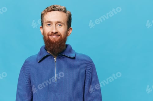 Preview: Portrait of man redheaded man with beard in sweater smile and happiness, hand signs and symbols, on