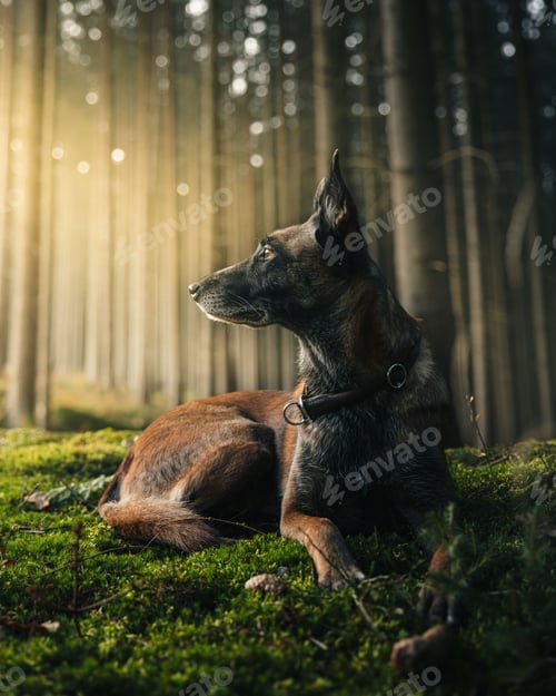 Preview: Dog lying on moss in a forest with sunlight filtering through the trees