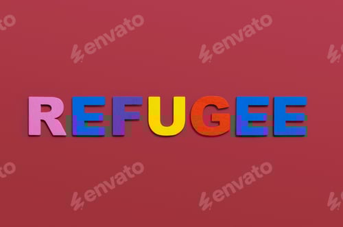 Preview: Refugees, word written in colorful wooden alphabet letters on red background