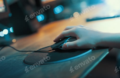 Preview: Gamer hand on the mouse close up