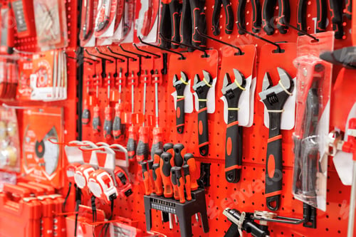 Preview: Various repair tools for sale on hardware store showcase.