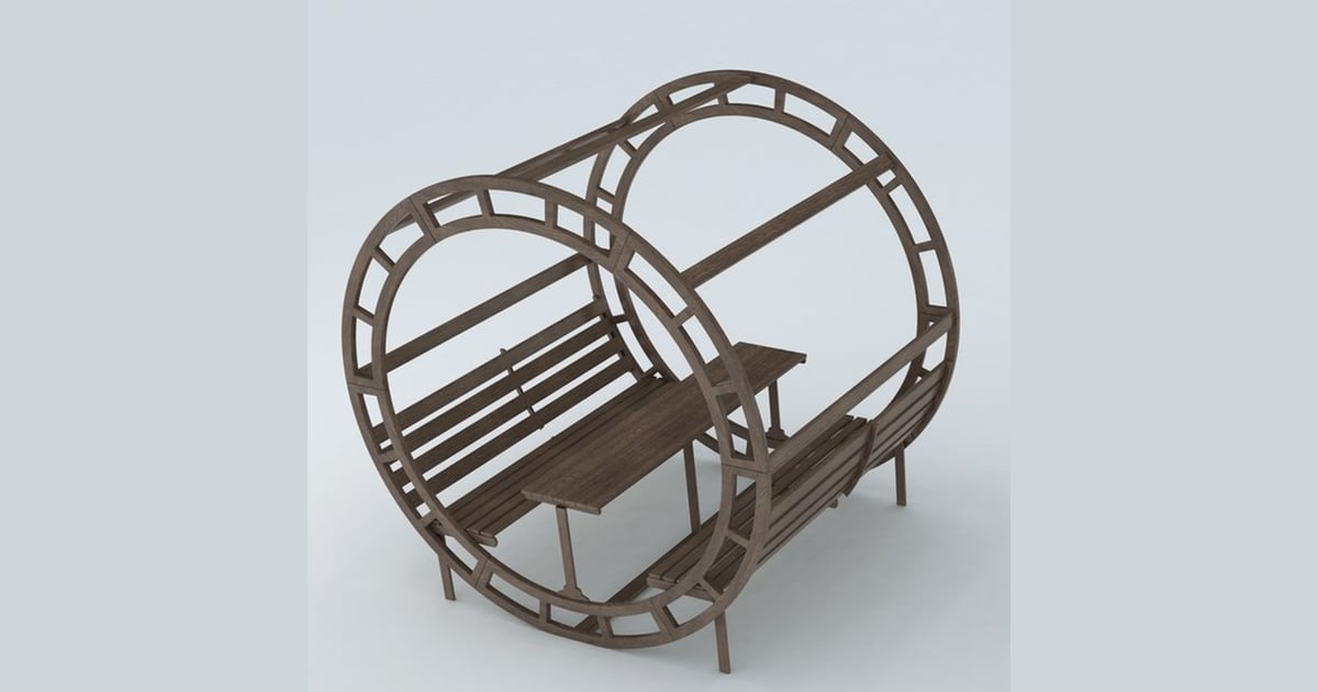 Circular wooden bench with lattice backrest and integrated seats 3D ...