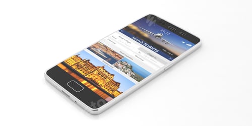 Preview: Search flights on a smartphone screen, isolated on white backgound. 3d illustration