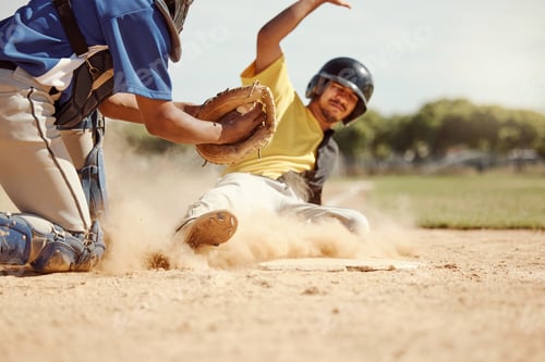 Preview: Baseball player, run and slide in dirt for game, contest or match on field, pitch or stadium. Man,