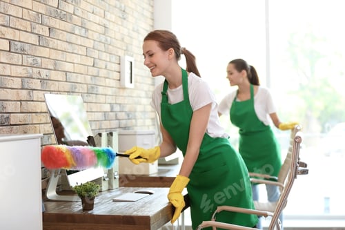 Preview: Team of professional janitors in uniform cleaning office