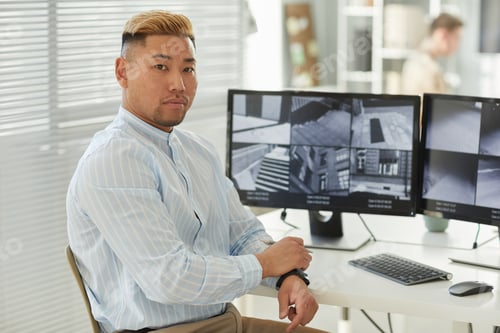 Preview: Asian man speaking on corded phone and using laptop while working in office