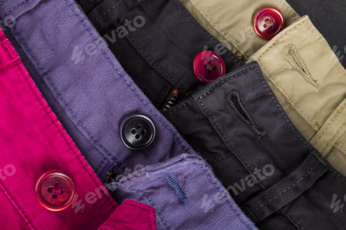 Preview: Fragment of four cotton twill pants red, blue, black, beige with open buttons.