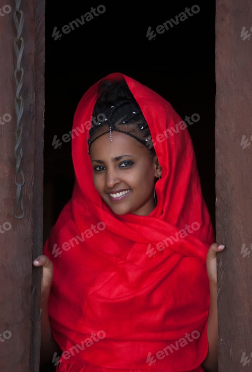 Preview: Portrait of young Amhara woman at open door, Ethiopia, Africa