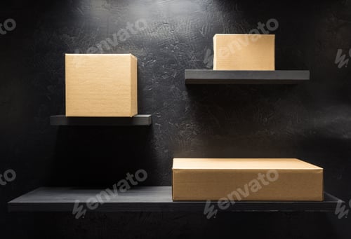 Preview: cardboard box on wooden shelf