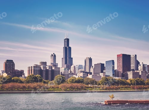 Preview: Retro old film stylized photo of Chicago city downtown skyline,