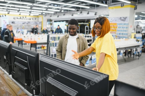 Preview: African american Couple buying television at store