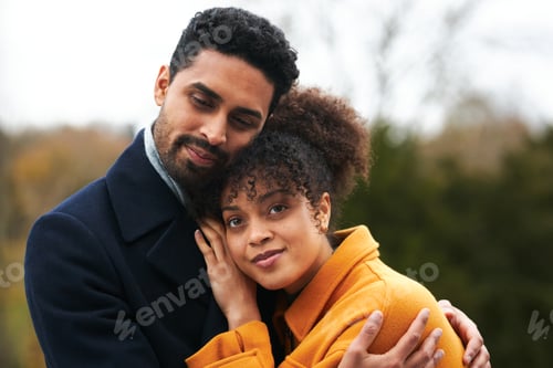 Preview: Portrait of loving couple on outdoor walk through autumn countryside together