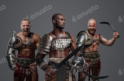 Preview: Roman warriors from past with swords aganst gray background