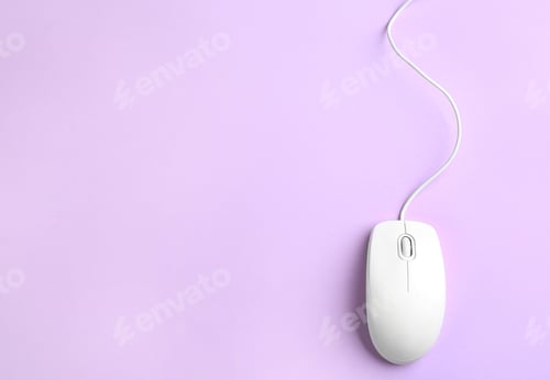 Preview: Modern wired optical mouse on lilac background, top view. Space for text