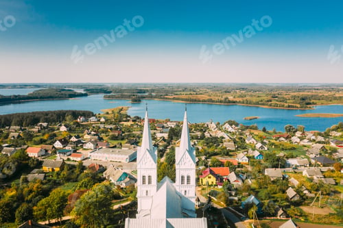 Preview: Slobodka, Braslaw District, Vitebsk Voblast, Belarus. Aerial View Of Slobodka Village. Church of
