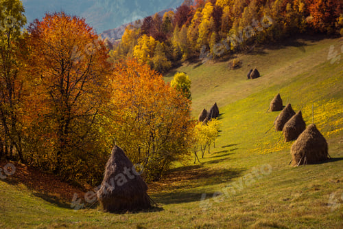 Preview: Haystacks on the hill. Autumn harvest