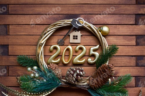 Preview: New Year House key with keychain cottage on festive brown wooden background with number 2025 in wrea