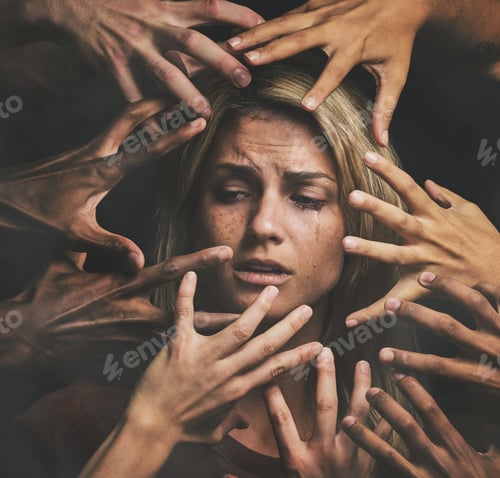 Preview: Many hands, face and abuse with a woman victim feeling fear, alone or crying in studio on a dark ba