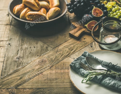 Preview: Fall holiday table decoration setting with copy space, selective focus