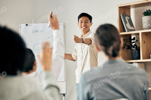 Preview: Businessman doing a presentation in a meeting with his team asking questions in a conference room.