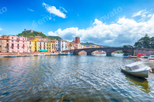 Preview: Unbelivable cityscape of Bosa town with Ponte Vecchio bridge across the Temo river.