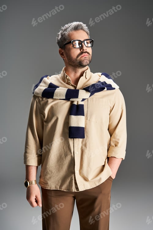 Preview: Stylish man showcasing elegance and charm in a modern studio setting