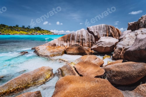 Preview: Tropical beach at Seychelles. Rocks on shore of La Digue Island