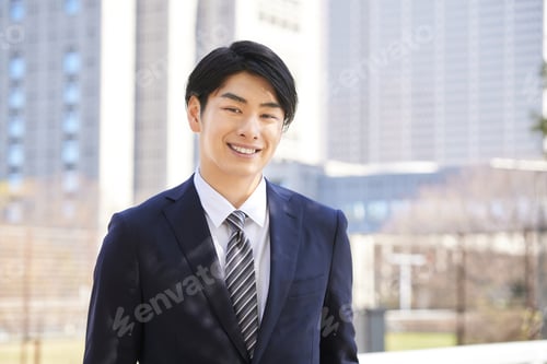 Preview: A Japanese male businessman standing in the background of a building.