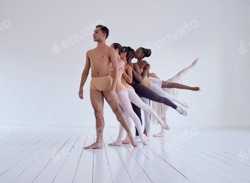 Preview: Shot of a group of ballet dancers practicing a routine in a dance studio