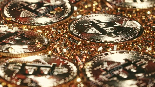Preview: Bitcoin, crypto currency. Golden coins rotating clockwise. Digital exchange, popularity of BTC