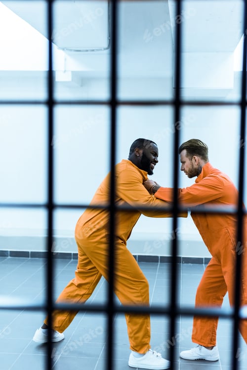 Preview: side view of multicultural prisoners threatening each other behind prison bars
