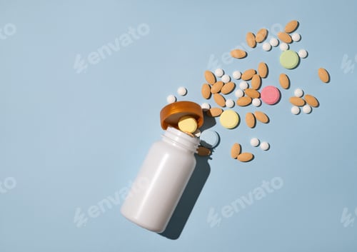Preview: A variety of tablets and nutritional supplements of different colors are dynamically poured out