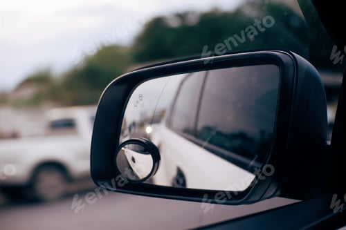 Preview: Traveling on a rainy day. Highway reflection in a car mirror