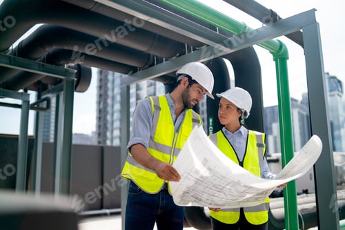 Preview: Two professional engineer discuss with blue print of construction site and stay under pipe