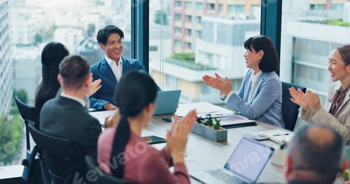 Preview: Business, people and celebration with applause in meeting for company kpi goals, investment contrac