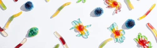 Preview: pattern with colorful gummy spiders and worms isolated on white, Halloween treat