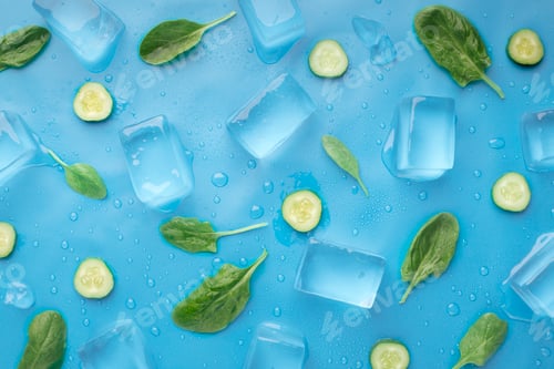 Preview: Fresh summer wallpaper with cucumbers and ice cubes on blue