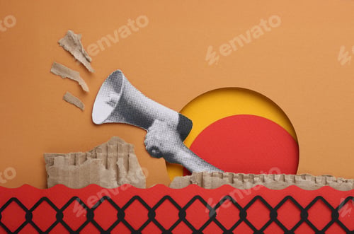 Preview: Half tones of people raising signs and megaphones. The sound of change