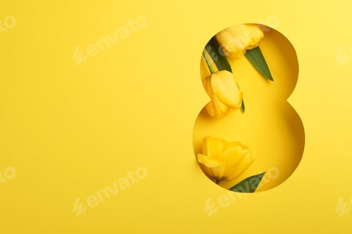 Preview: 8 March greeting card. Paper cut Eight made of yellow background and fresh spring flowers bouquet of