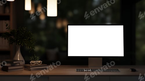 Preview: White screen computer with glasses atop books aside plants and vase on wooden table in dim lit room.