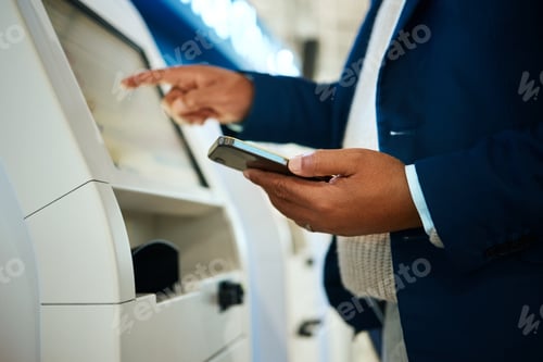 Preview: Hand, phone and atm with a business black man at the bank to withdraw cash from a convenient machin