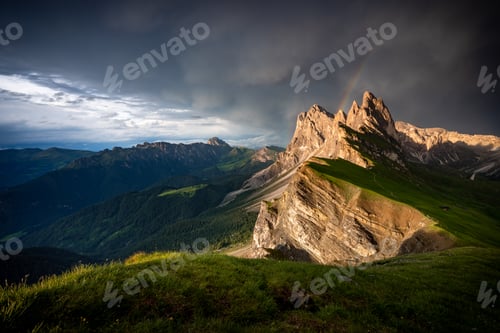 Preview: Seceda mountain peaks with rainbow,Suoth Tyrol, Dolomites, Italy,Europe