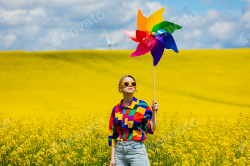 Preview: Beautiful female in 90s stylish shirt with pinwheel in rapeseed field