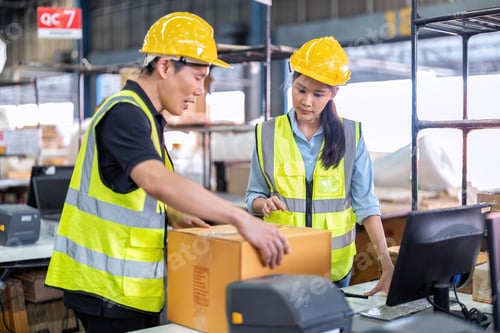 Preview: Staff working in large depot storage warehouse trainee check packing box and scan at cashier counter