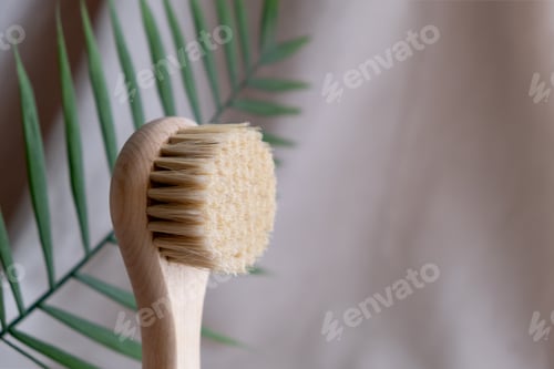 Preview: Facial massage brush with natural bristles on a linen background with bark and palm leaf