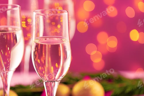 Preview: Close up photo of Champagne glasses against bokeh background