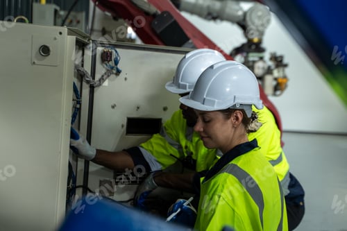 Preview: Electrical engineer installations wires on relay protection system at production plant factory.