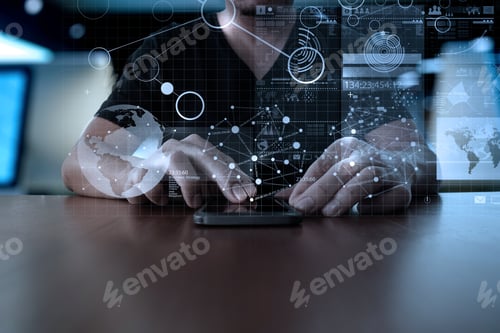 Preview: Businessman Hand Using Mobile Phone With Digital Layer Effect As Business Strategy Concept